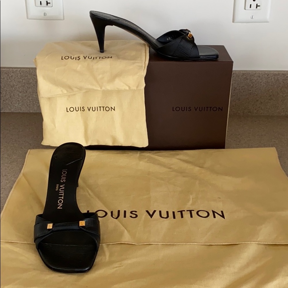 Louis Vuitton black heeled slides. Worn once.